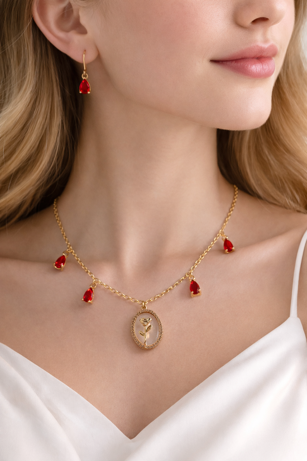 Parure collier et boucles d'oreilles rose nacré, doré et rouge -Rose Éternelle