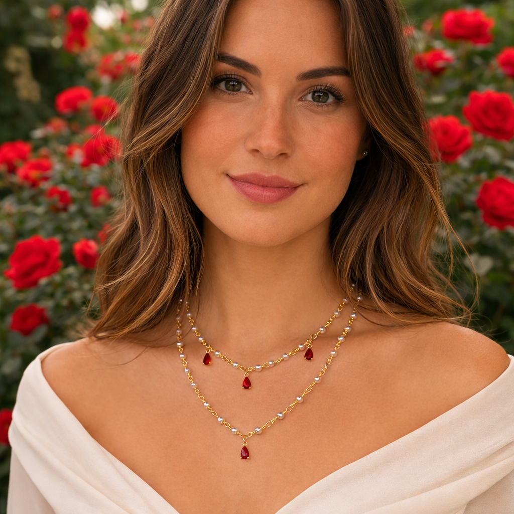 Parure collier et boucles d'oreilles doré et rouge  avec perles -  La Reine de Rubis