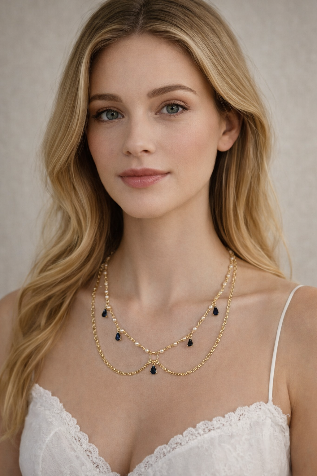 Parure collier et boucles d'oreilles doré, bleu et perles - Saphir céleste