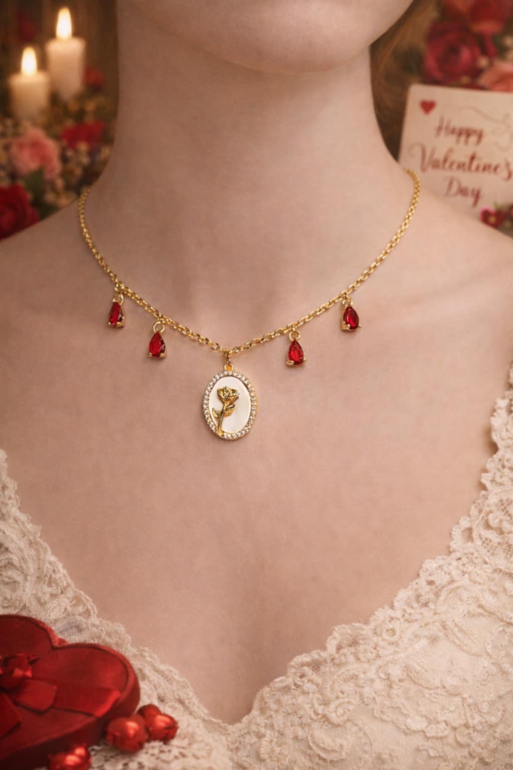 Découvrez le collier Rose Éternelle, collier rouge avec rose doré et nacre. Bijou artisanal en laiton plaqué or 18K. Pièce unique fait main avec certificat d'authenticité
