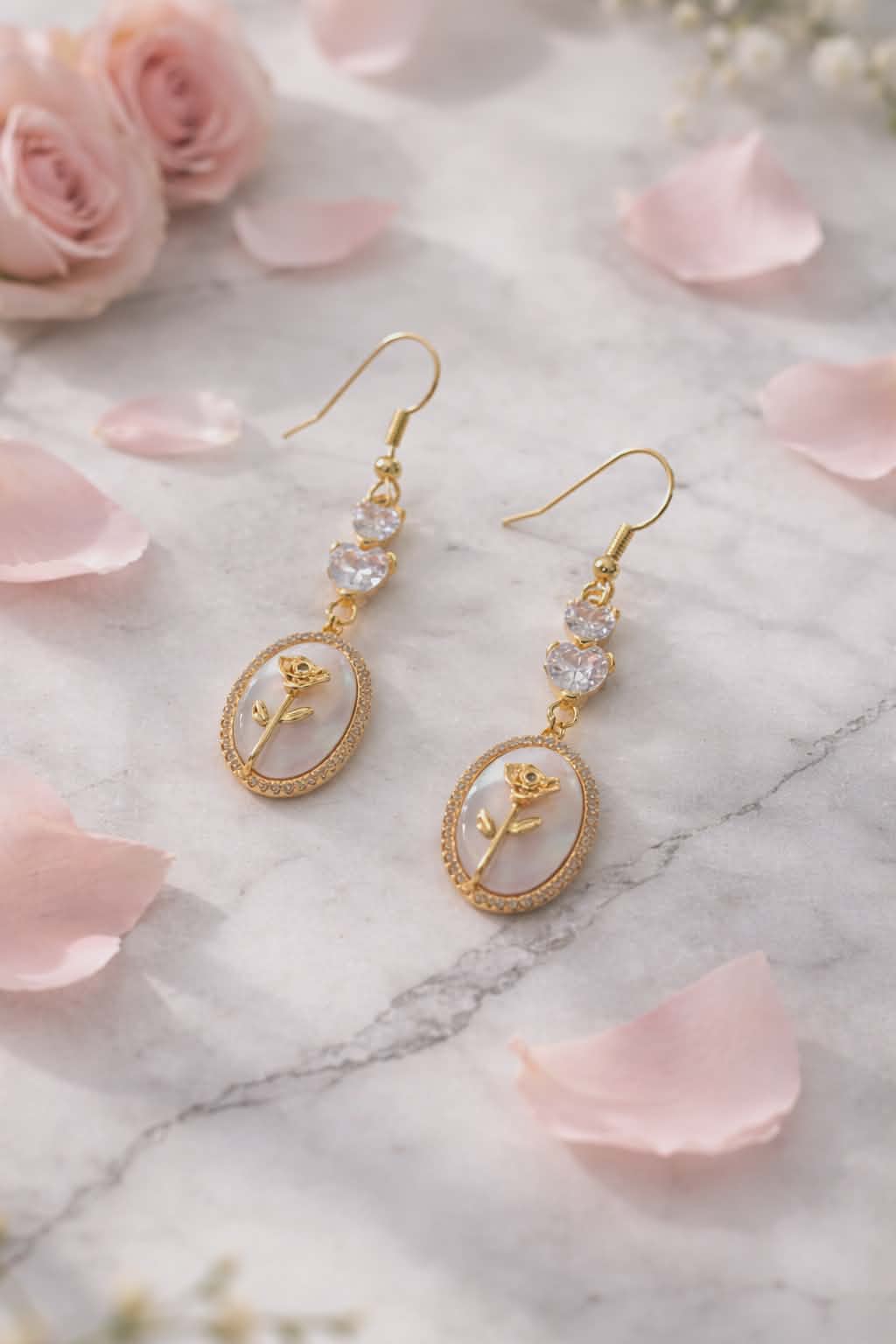 Boucles d’oreilles cœur & rose dorée nacrée – Rose Impériale