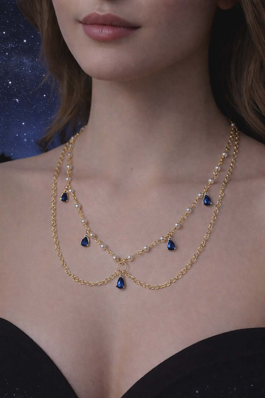 Parure collier et boucles d'oreilles doré, bleu et perles - Saphir céleste