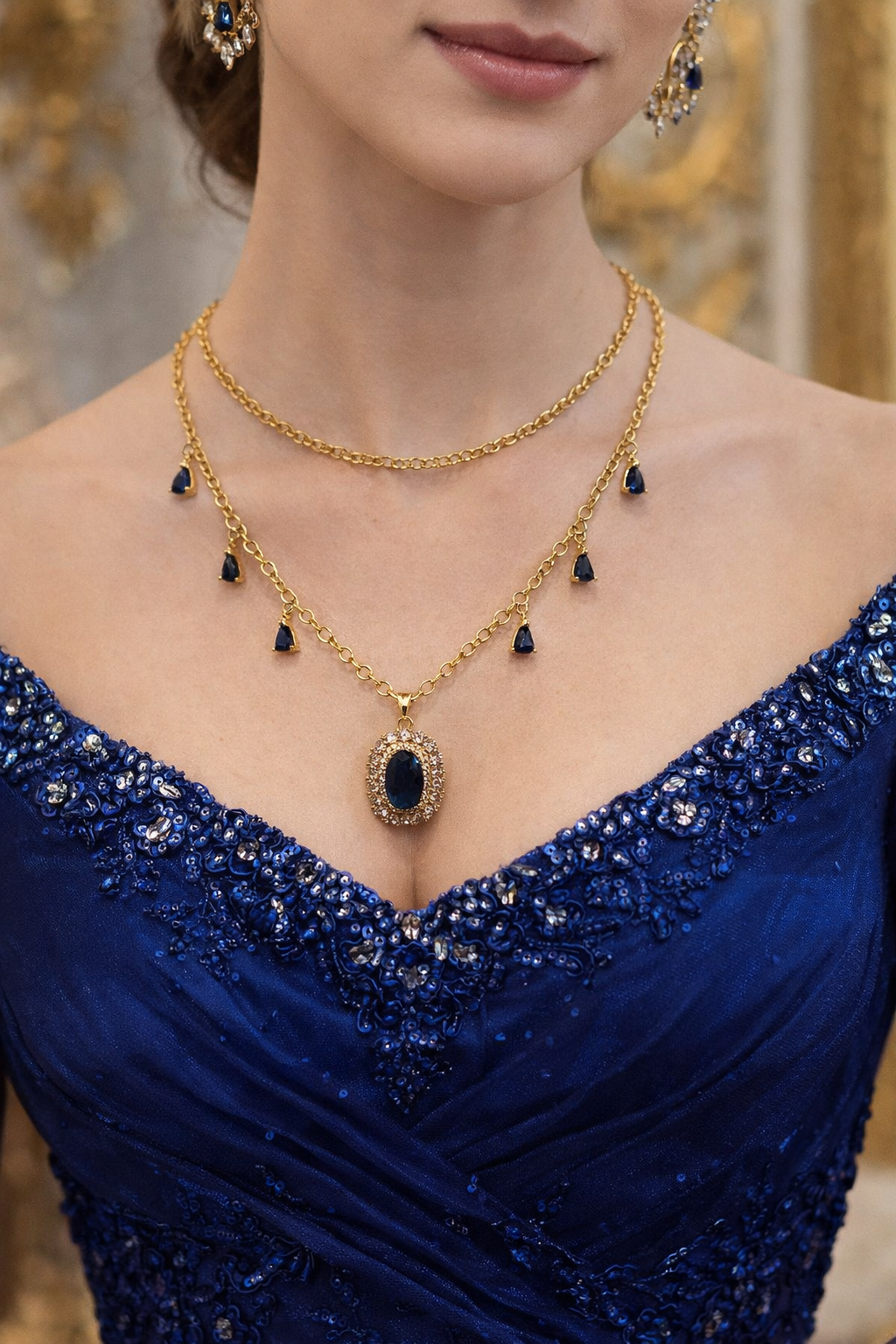 Collier royal bleu fait à la main unique en laiton plaqué or 18k. Inspiré des reines d'autrefois. Ce bijou existe en deux exemplaire et il n'en reste plus qu'un. 